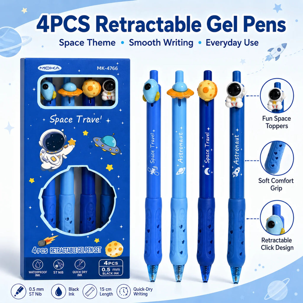 4-Pack Space Astronaut Topper Retractable Gel Pens 0.5mm Black Ink Retractable Gel Pens Richie's