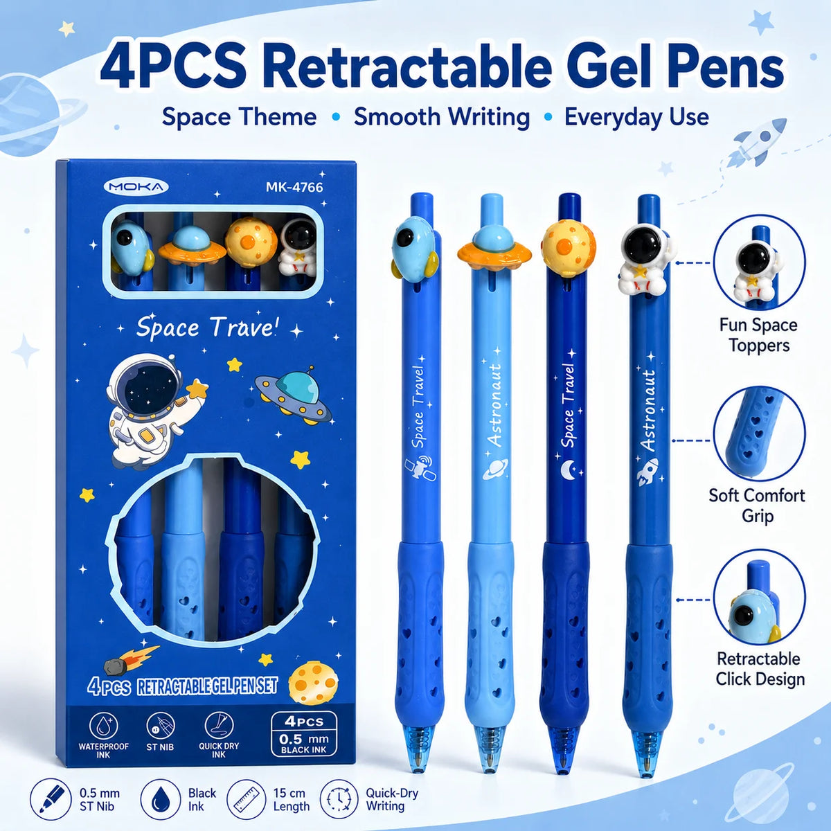 4-Pack Space Astronaut Topper Retractable Gel Pens 0.5mm Black Ink Retractable Gel Pens Richie's