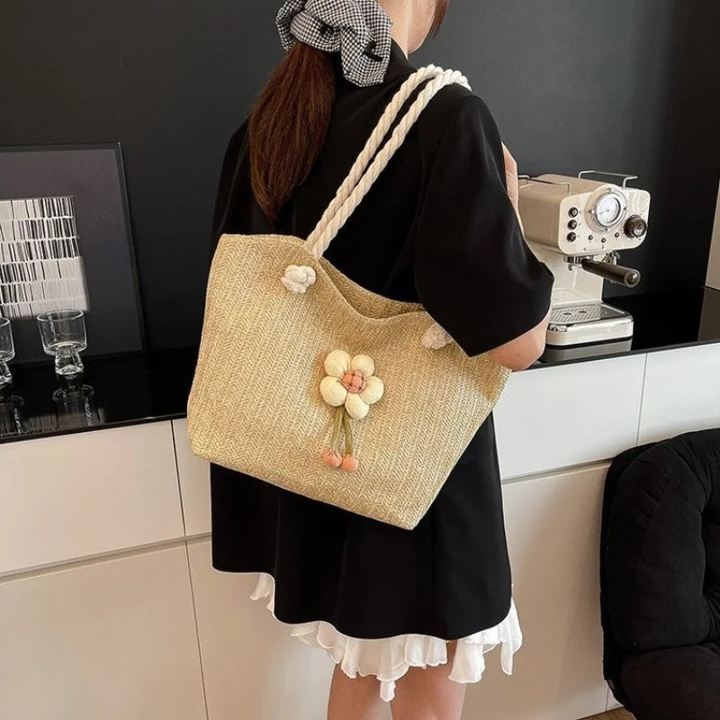 Women's Straw Woven Shoulder Bag – Flower Embroidery Beach Tote Straw Shoulder Bag Richie's