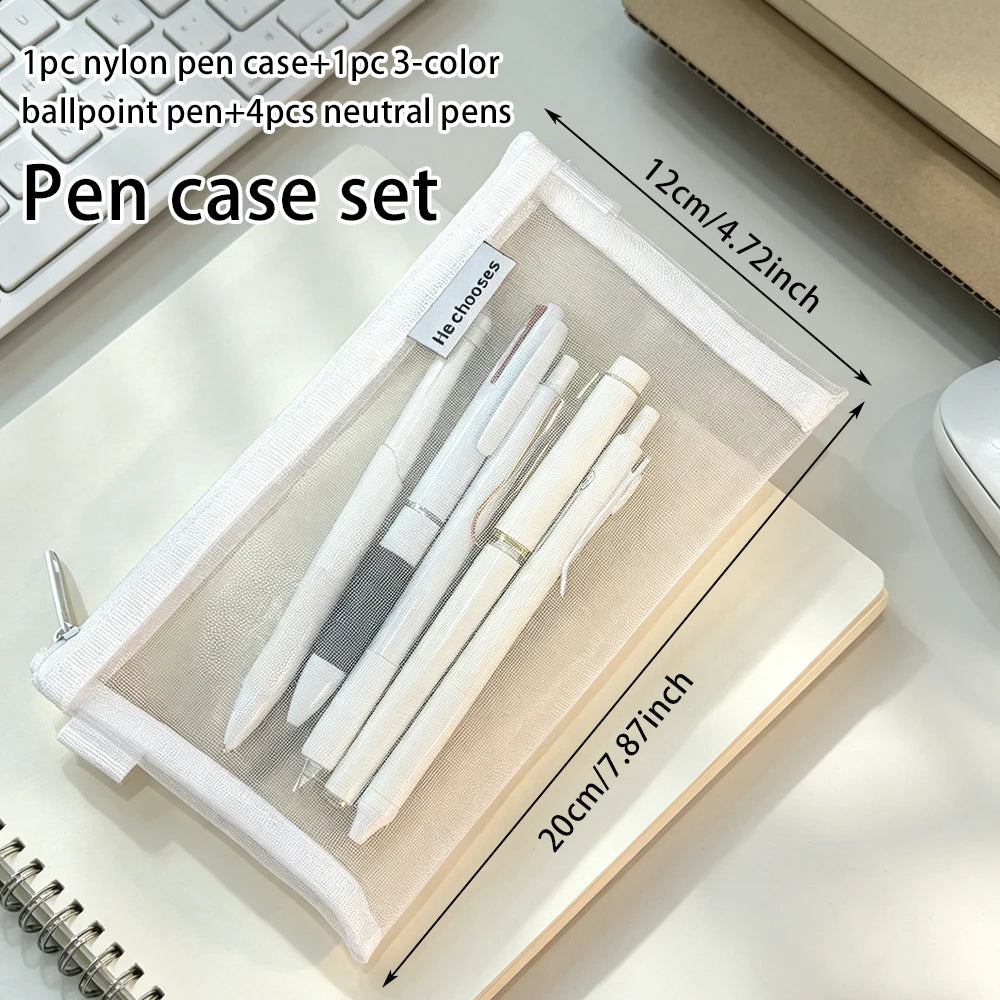 Minimalist Clear Mesh Pencil Bag Set – 5 Pens & Nylon Pouch Pencil Bag Set Richie's