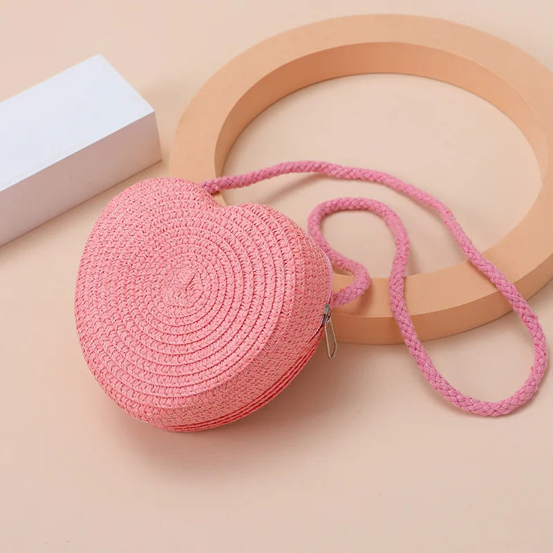 Woven Straw Crossbody Bag & Heart Coin Purse – Kids Beach Bag Woven Crossbody Bag Richie's dark pink 11x11x6cm