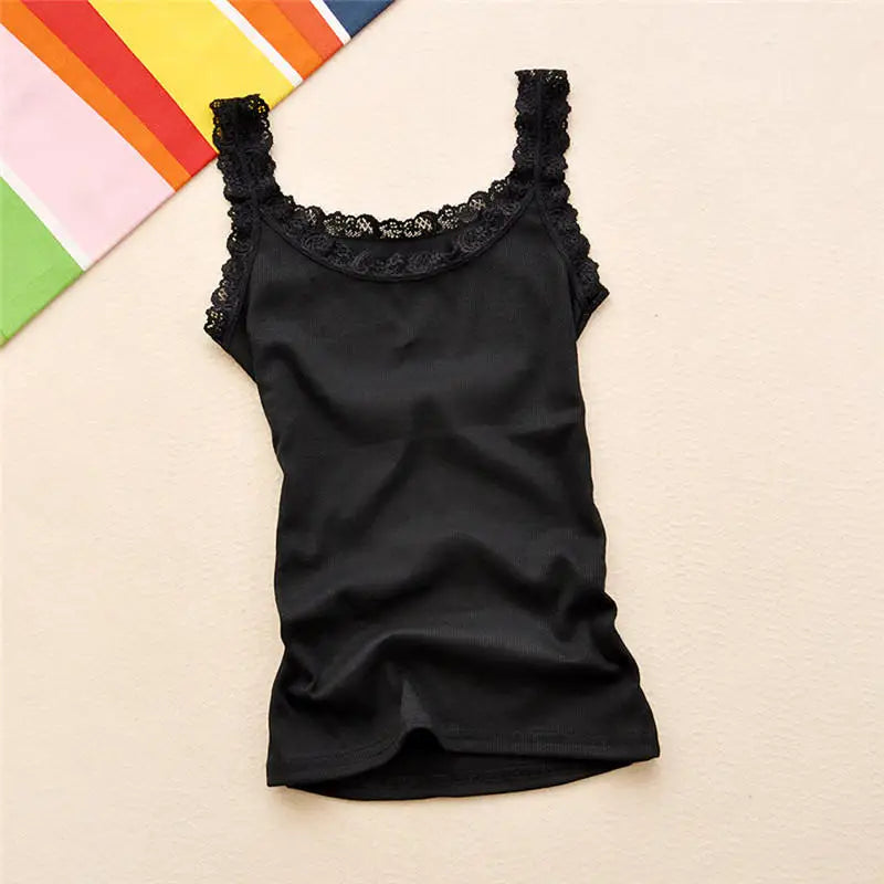 Women's Sleeveless Lace Cotton Tank Top – White & Black Lace Tank Top Richie's black One Size