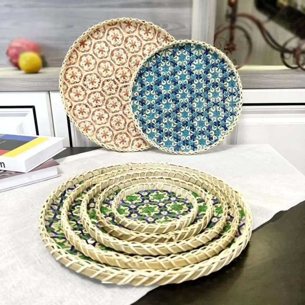Bohemian Bamboo Woven Fruit Basket – Handwoven Round Tray Bamboo Woven Basket Richie's
