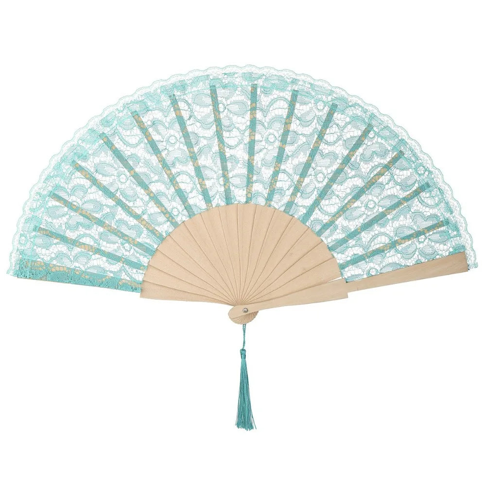 Vintage Chinese Folding Fan Lace Flower Tassel Pendant Wood Folding Hand Fan Richie's Blue