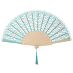 Vintage Chinese Folding Fan Lace Flower Tassel Pendant Wood Folding Hand Fan Richie's Blue