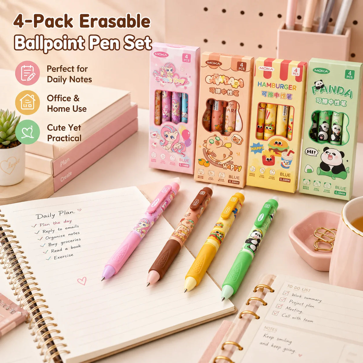4 Erasable Gel Pens 0.5mm Cartoon Design | School Supplies Erasable Gel Pens Richie's