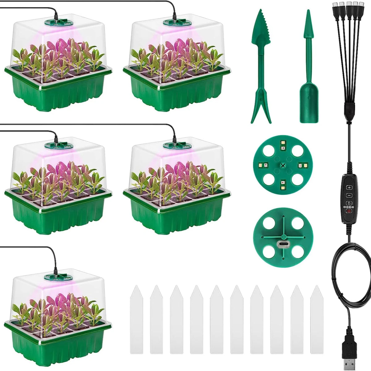LED Seed Starter Tray with Grow Light & Timer | 4/5/6PC Kit Seed Starter Kit Richie's 5PCS Green