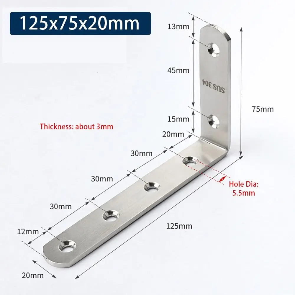 SUS304 Stainless Steel 90° Corner Bracket – Furniture Brace Corner Angle Bracket Richie's 125x75x20mm