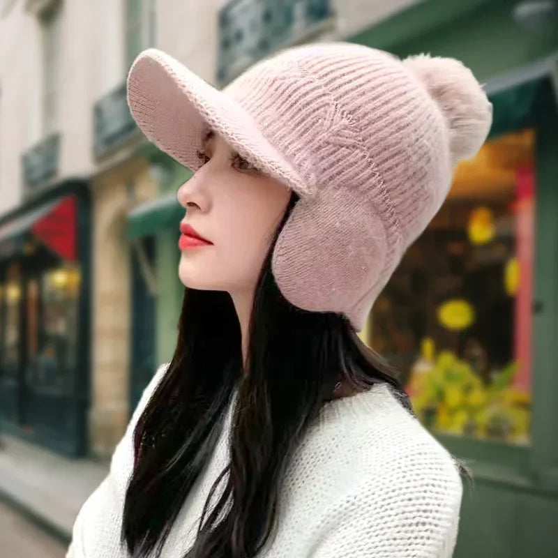 Women's Knitted Earflap Hat with Pompom – Winter Earmuff Cap Winter Knit Hat Richie's