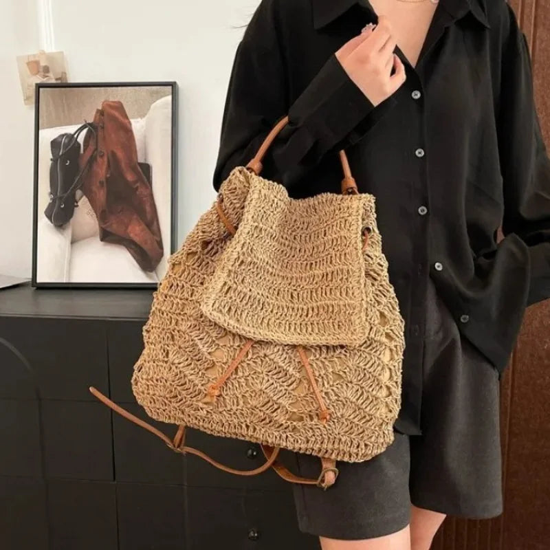Large Woven Straw Drawstring Backpack for Women | Casual Woven Straw Backpack Richie's