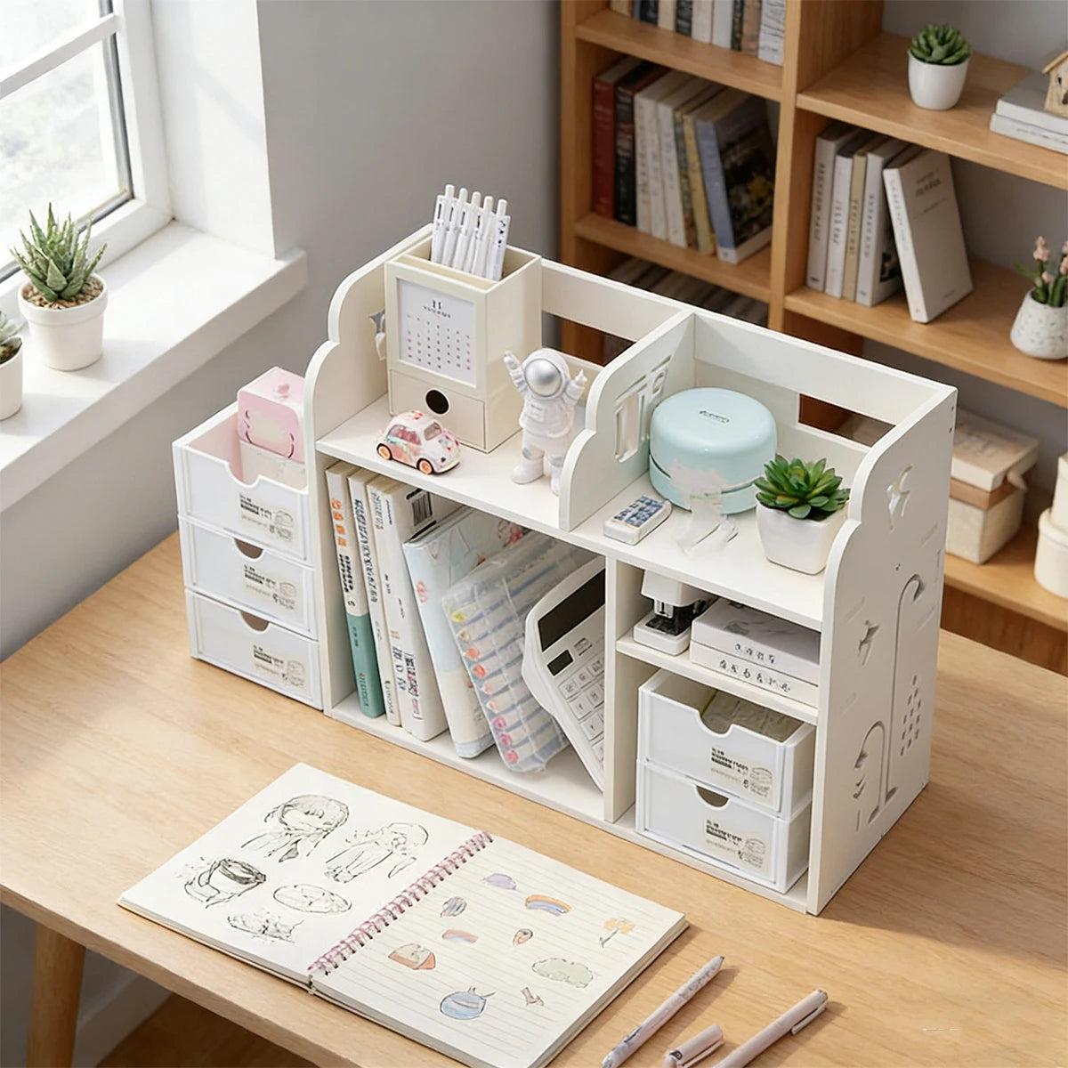 White Desk Organizer Shelf with Drawers | Desktop Storage Rack Desk Organizer Shelf Richie's