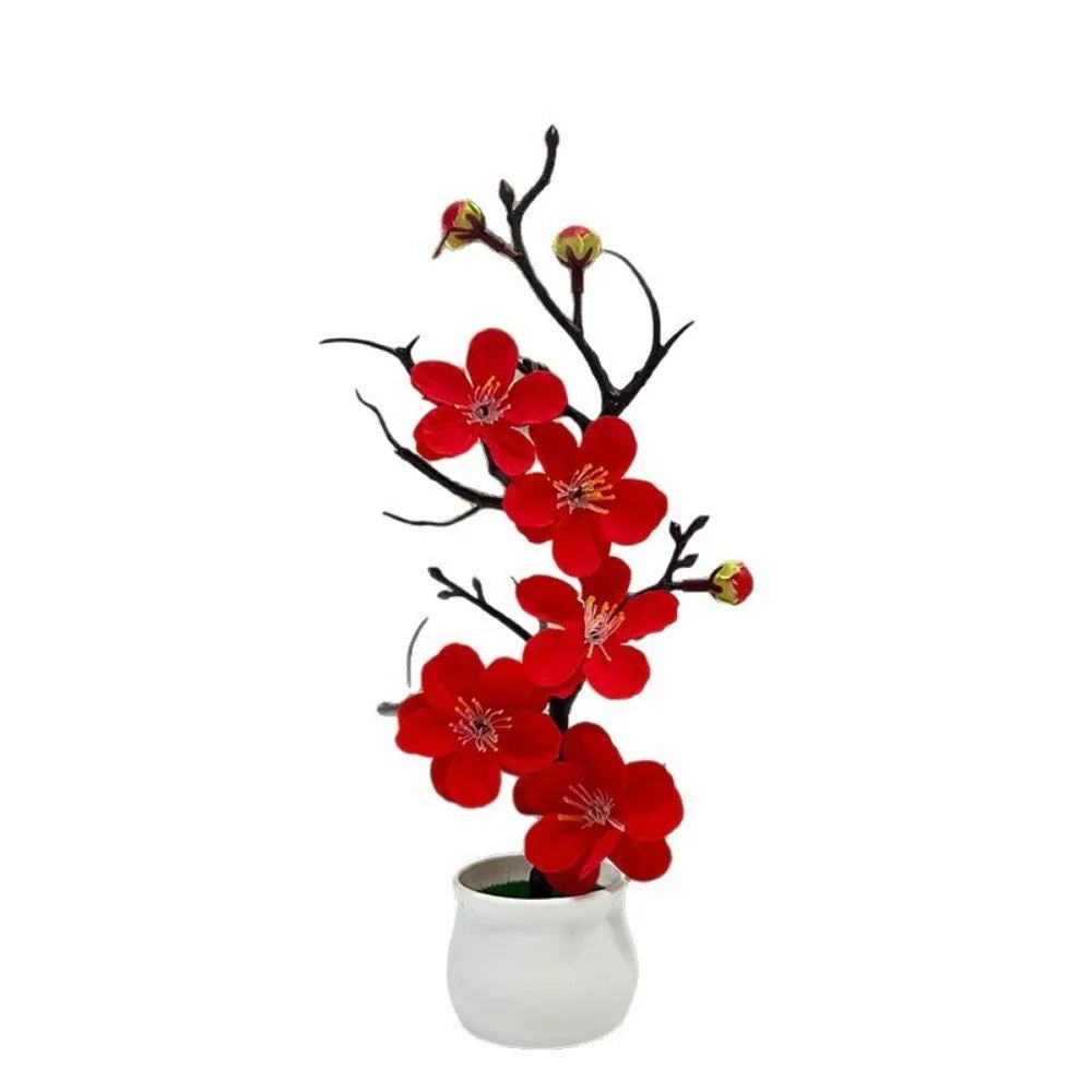 Red Artificial Plum Potted Flowers – Faux Silk Blooms in White Pot Artificial Potted Flower Richie's