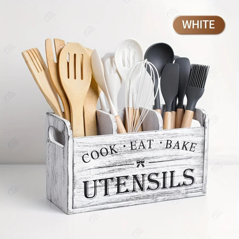 Rustic Wooden Kitchen Utensil Holder – 3-Compartment Organizer Utensil Holder Richie's