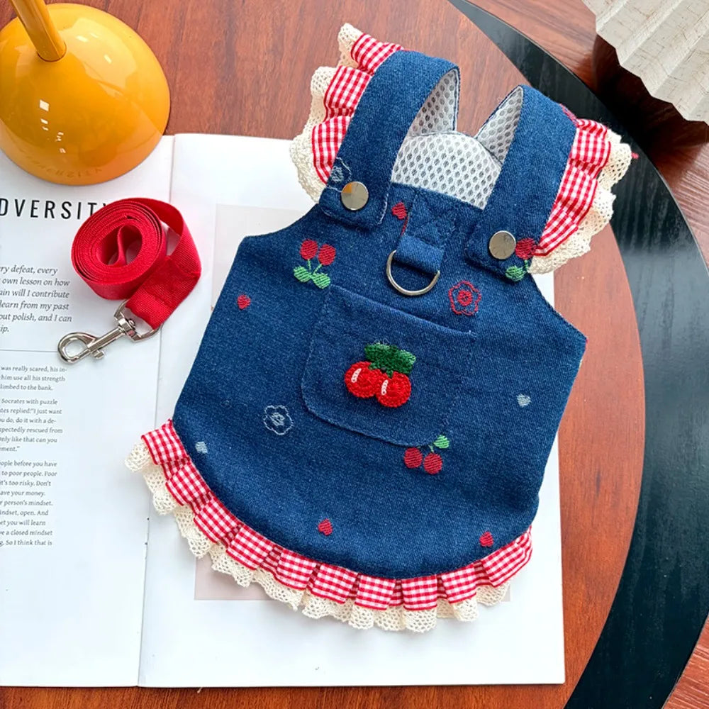 Denim Dog Dress Harness Set with Leash – Cherry Pattern Skirt Dog Dress Harness Richie's 01 M