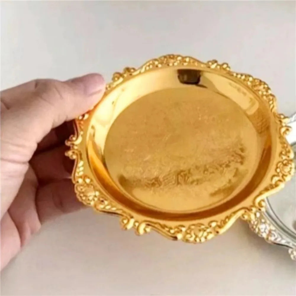 Luxury Gold & Silver Round Iron Serving Tray – Cake & Fruit Plate Decorative Serving Tray Richie's