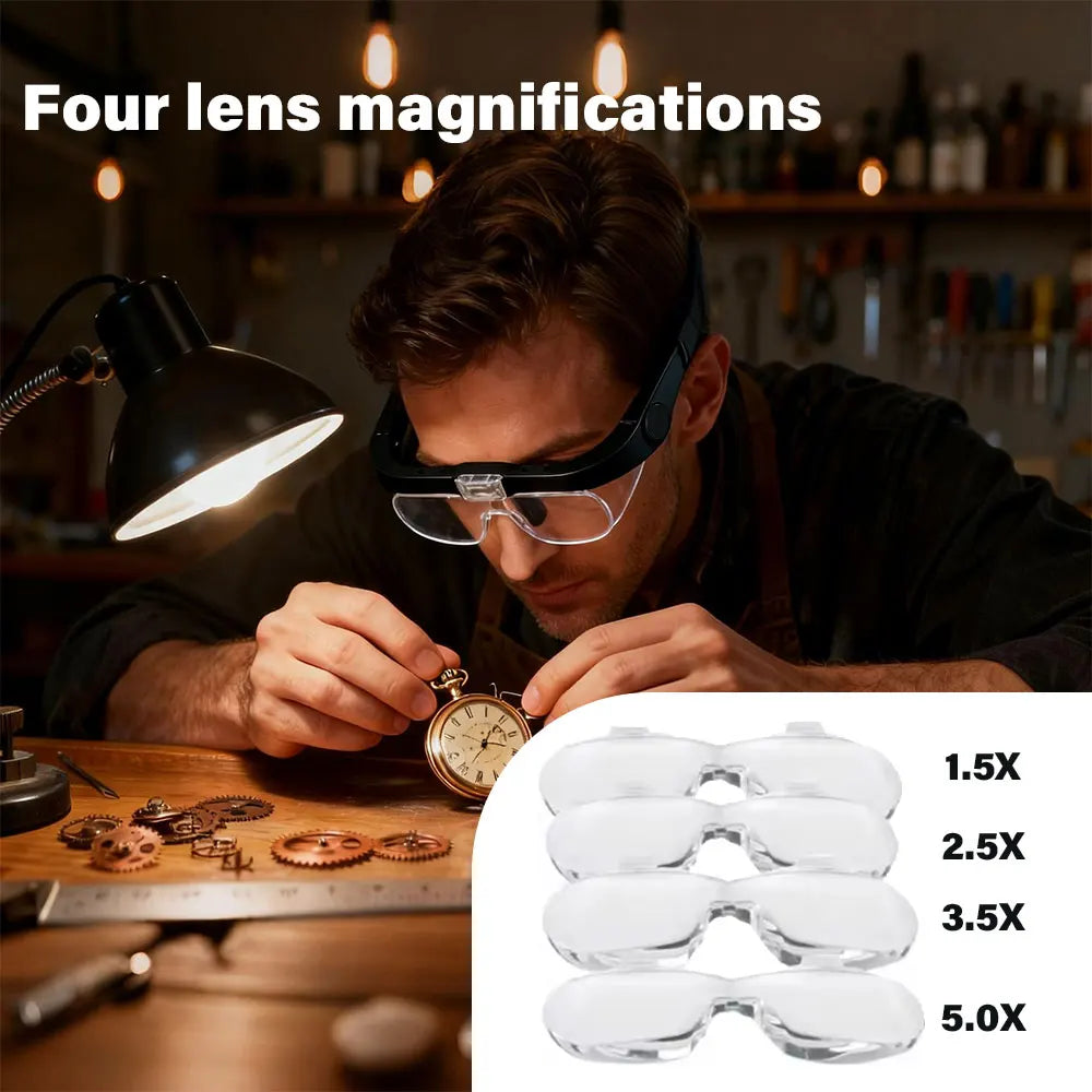 Head-Mounted Magnifier Glasses 2 LED USB 1.5X–5.0X | Watchmaker Head-Mounted Magnifier Richie's