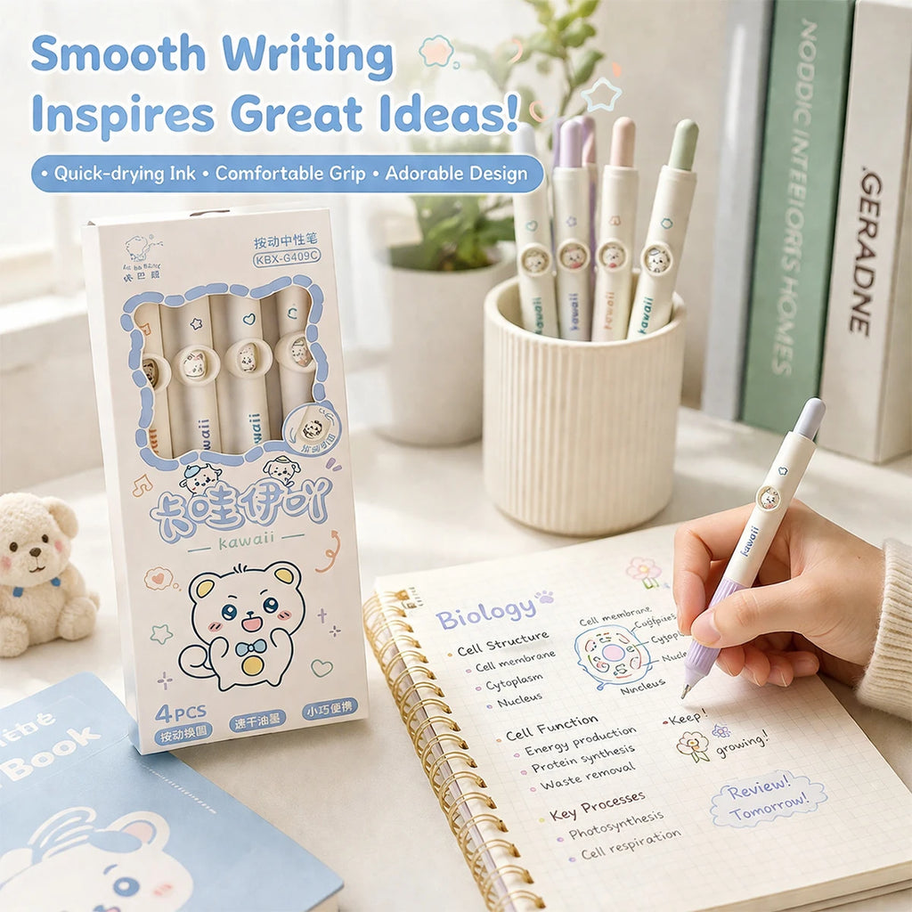 4pcs Kawaii Bear Gel Pens – 0.5mm Black Ink Retractable Set Gel Pen Set Richie's