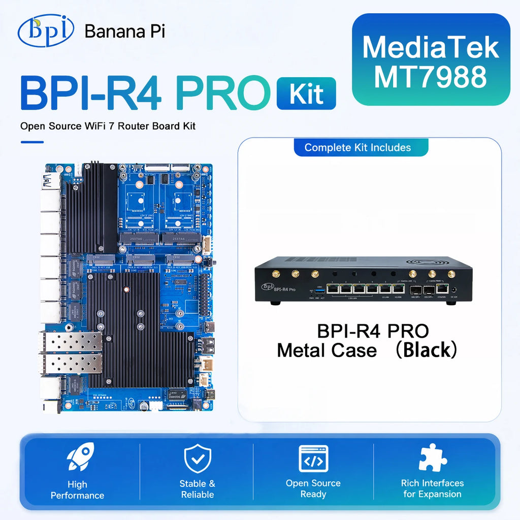 Banana Pi BPI-R4 PRO Router Board Set MT7988A Wi-Fi 7 8GB Router Board Kit Richie's US Power 4GB RAM SET 1