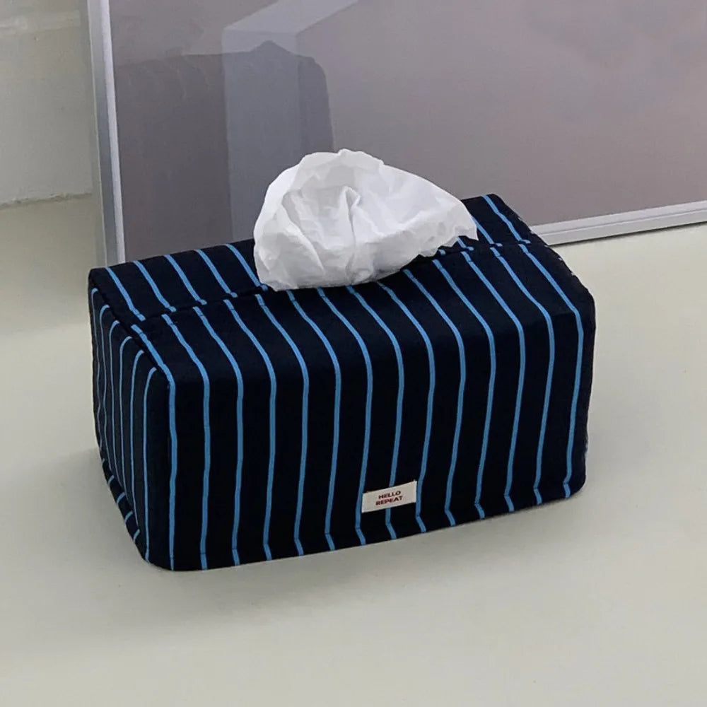 Vintage Stripe Cloth Tissue Box Cover | Large Capacity Desk Organizer Tissue Box Cover Richie's blue-L