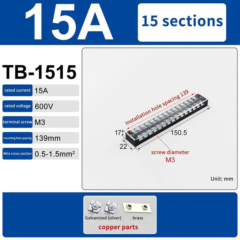 Dual Row Barrier Screw Terminal Block 15A 600V TB Series Screw Terminal Block Richie's TB1515