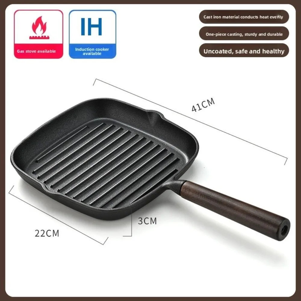 Cast Iron Steak Skillet Wooden Handle Raised Stripe 20cm Pan Cast Iron Skillet Richie's