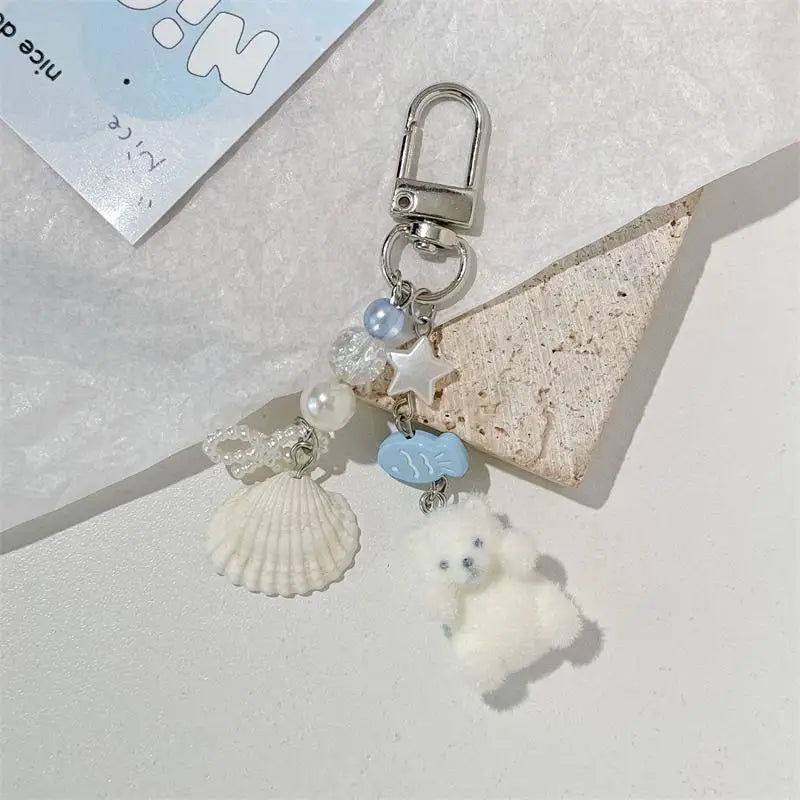 Flocked Polar Bear Shell Keychain Pendant | Cute Animal Keyring Animal Keychain Pendant Richie's A2