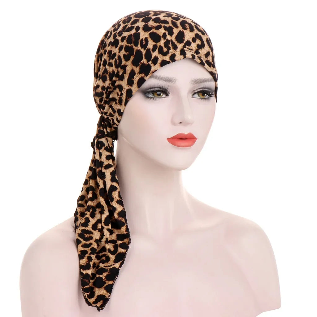 Women's Printed Pre-Tied Turban Cap Hijab Headscarf Bandana Turban Headscarf Cap Richie's Floral leopard print