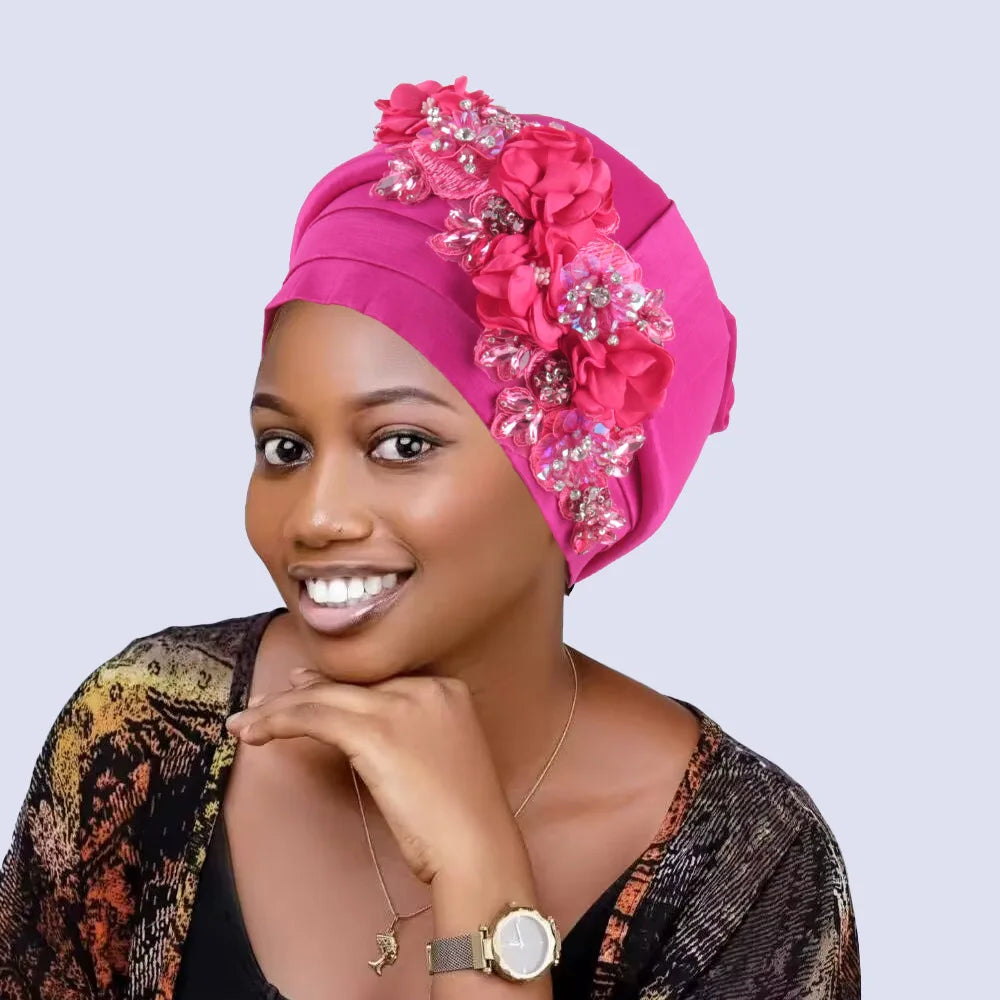 Women's Crinkle Headwrap African Headtie Rhinestone Flower Cap Fashion Headwrap Richie's Rose Red