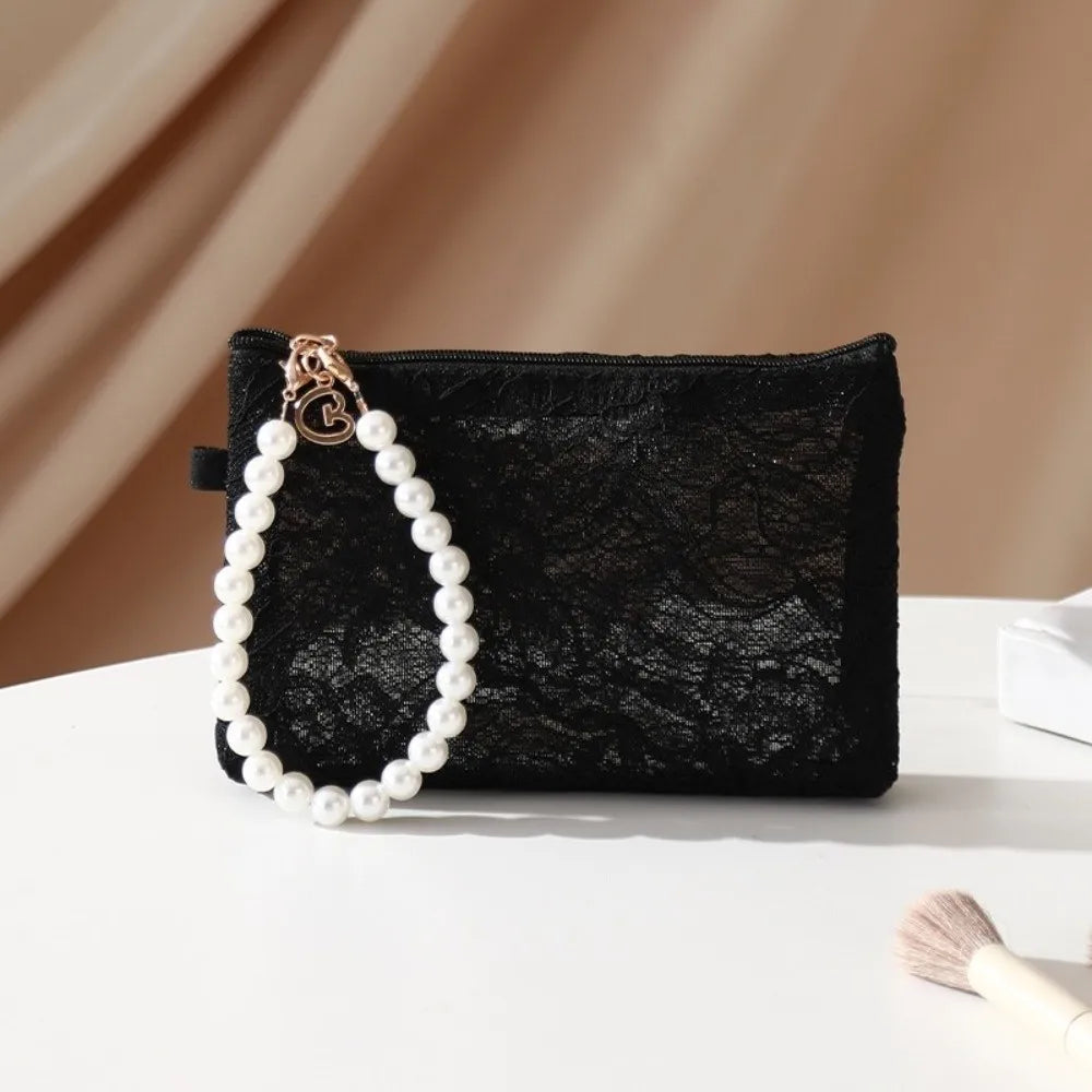 Lace Cosmetic Pouch Pearl Chain Makeup Travel Bag Organizer Cosmetic Travel Pouch Richie's Black-S