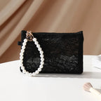 Lace Cosmetic Pouch Pearl Chain Makeup Travel Bag Organizer Cosmetic Travel Pouch Richie's Black-S