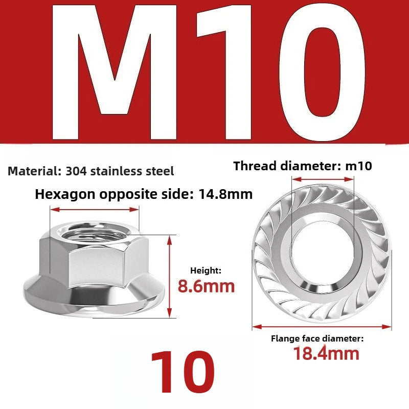 304 SS Hex Flange Nuts M3–M8 Anti-Loosening Serrated Hex Flange Nuts Richie's 304 M10 10pcs