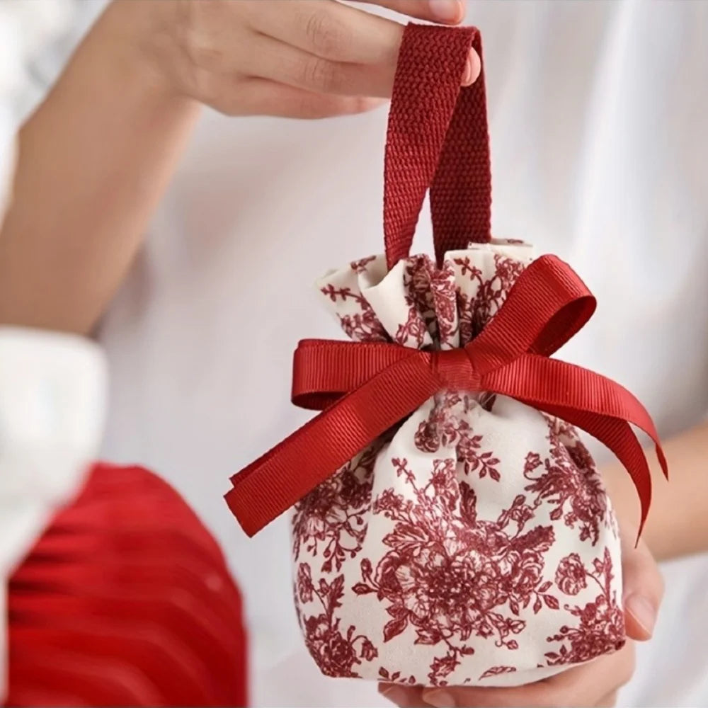 5pcs Red Velvet Drawstring Gift Bags Floral Ribbon Bow | Canvas Velvet Gift Bags Richie's