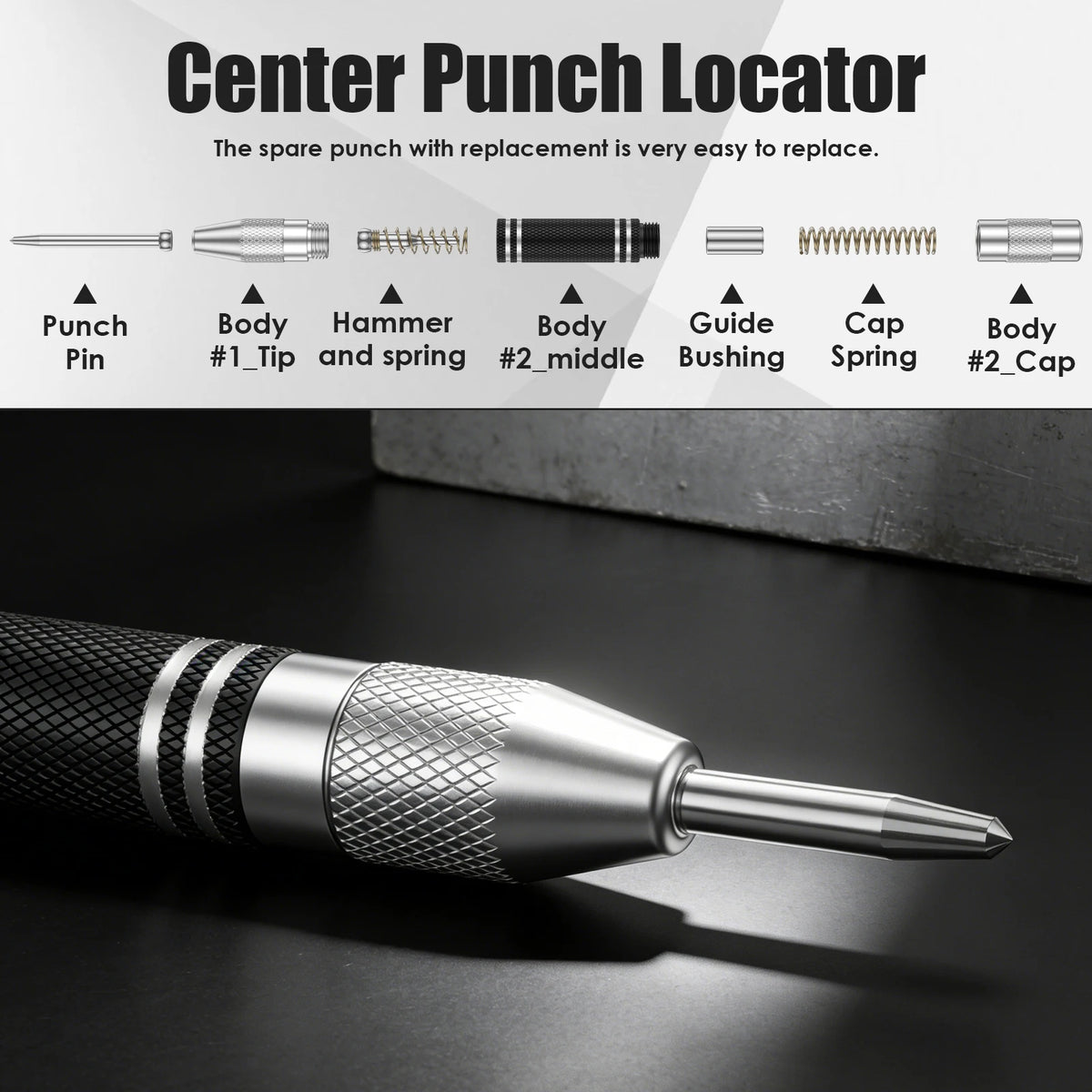 Automatic Spring-Loaded Center Punch – 5" Chrome Vanadium Steel Center Punch Tool Richie's