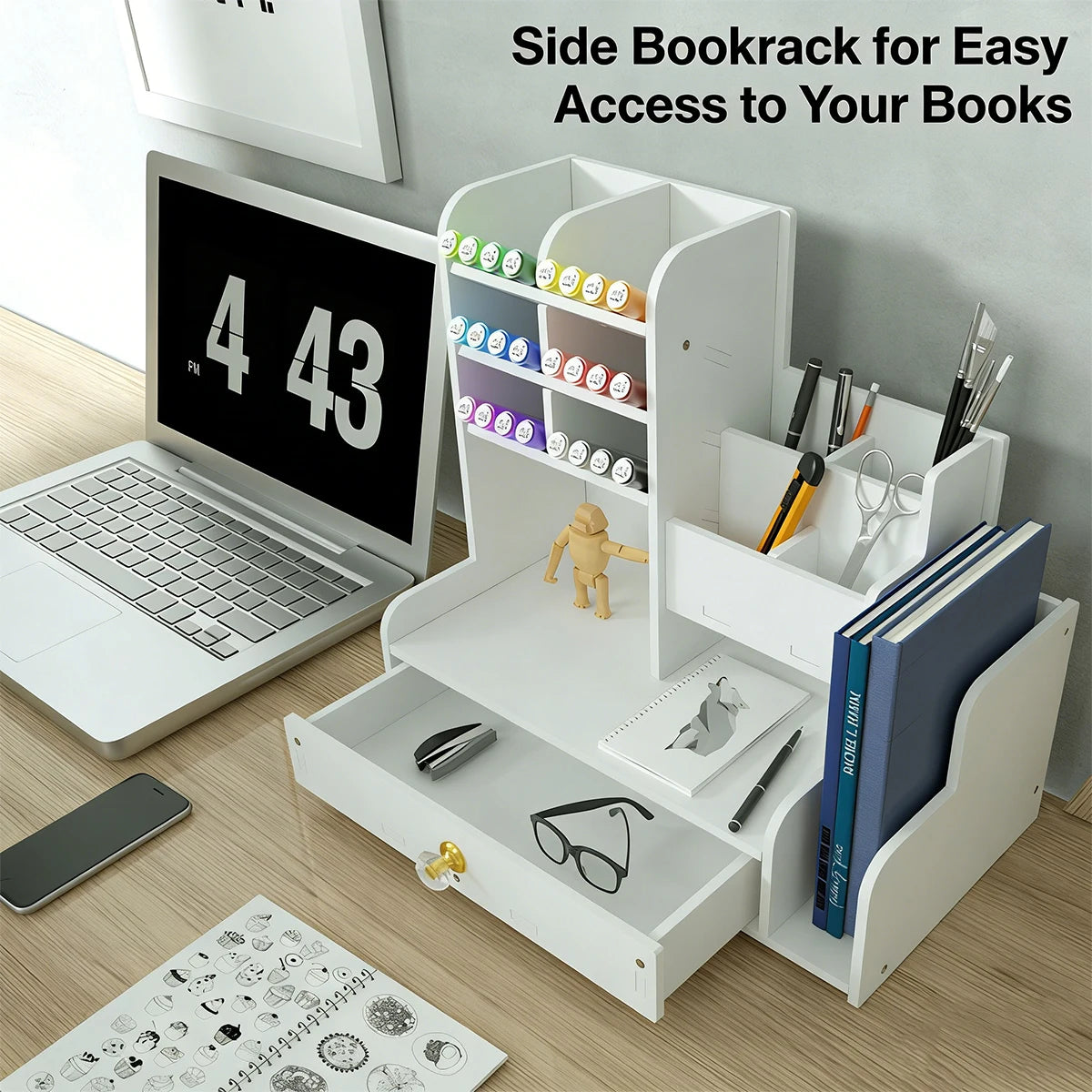 White Wooden Desk Organizer with Drawer & Pen Holder Desk Organizer Richie's Default Title