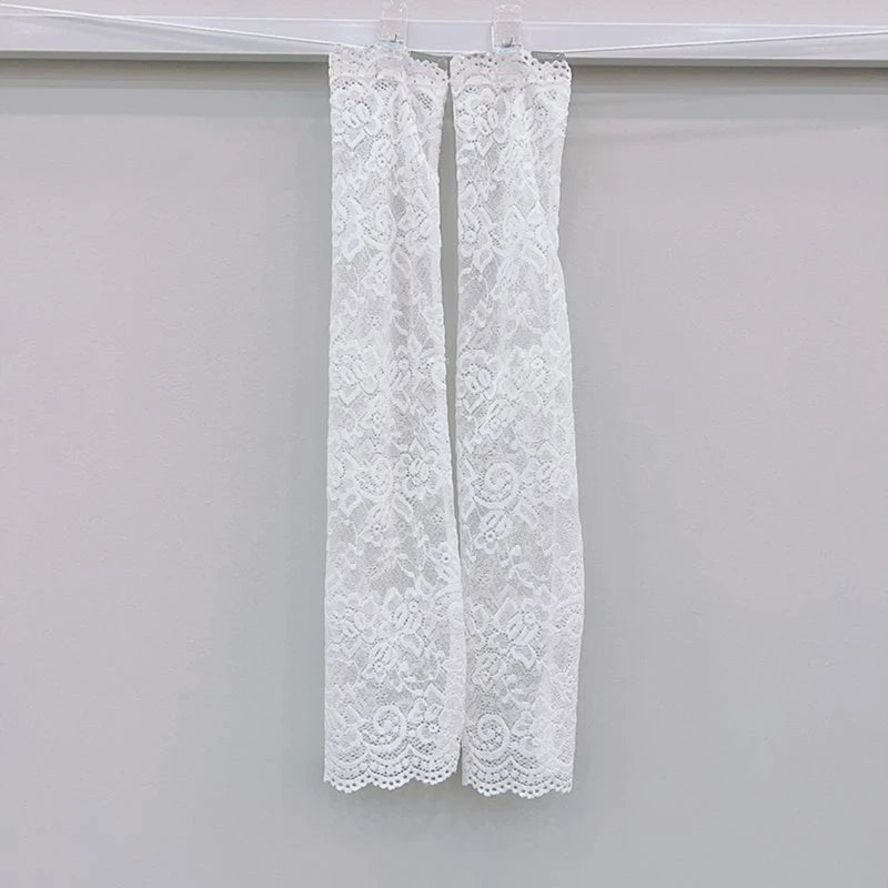 Women's Ice Silk Lace Arm Sleeves UV Fingerless Driving Gloves Arm Sleeves Richie's white