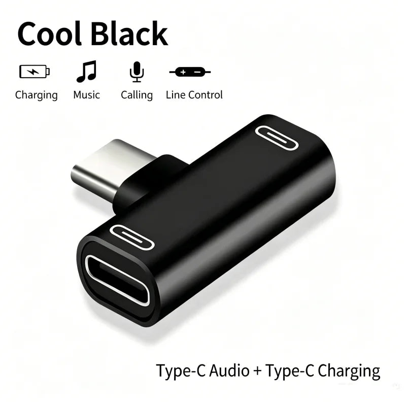 90° USB-C Audio & Charging Splitter Adapter | 2-in-1 L-Shape USB-C Splitter Adapter Richie's Dual Type-C Black