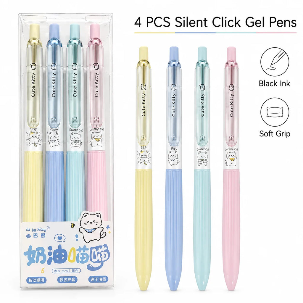 Silent Click Retractable Gel Pens 4-Pack | 0.5mm Black Ink Gel Ink Pens Richie's