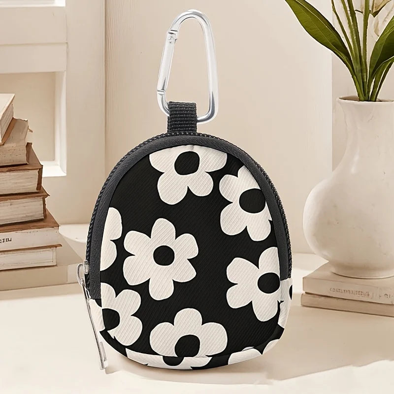 White Flower Mini Zipper Coin Purse with Hook Clip & Key Bag Mini Coin Purse Richie's