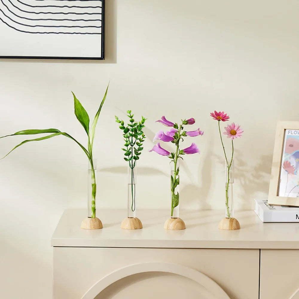 Hydroponic Test Tube Vase with Bamboo Base | Clear Tabletop Decor Hydroponic Flower Vase Richie's