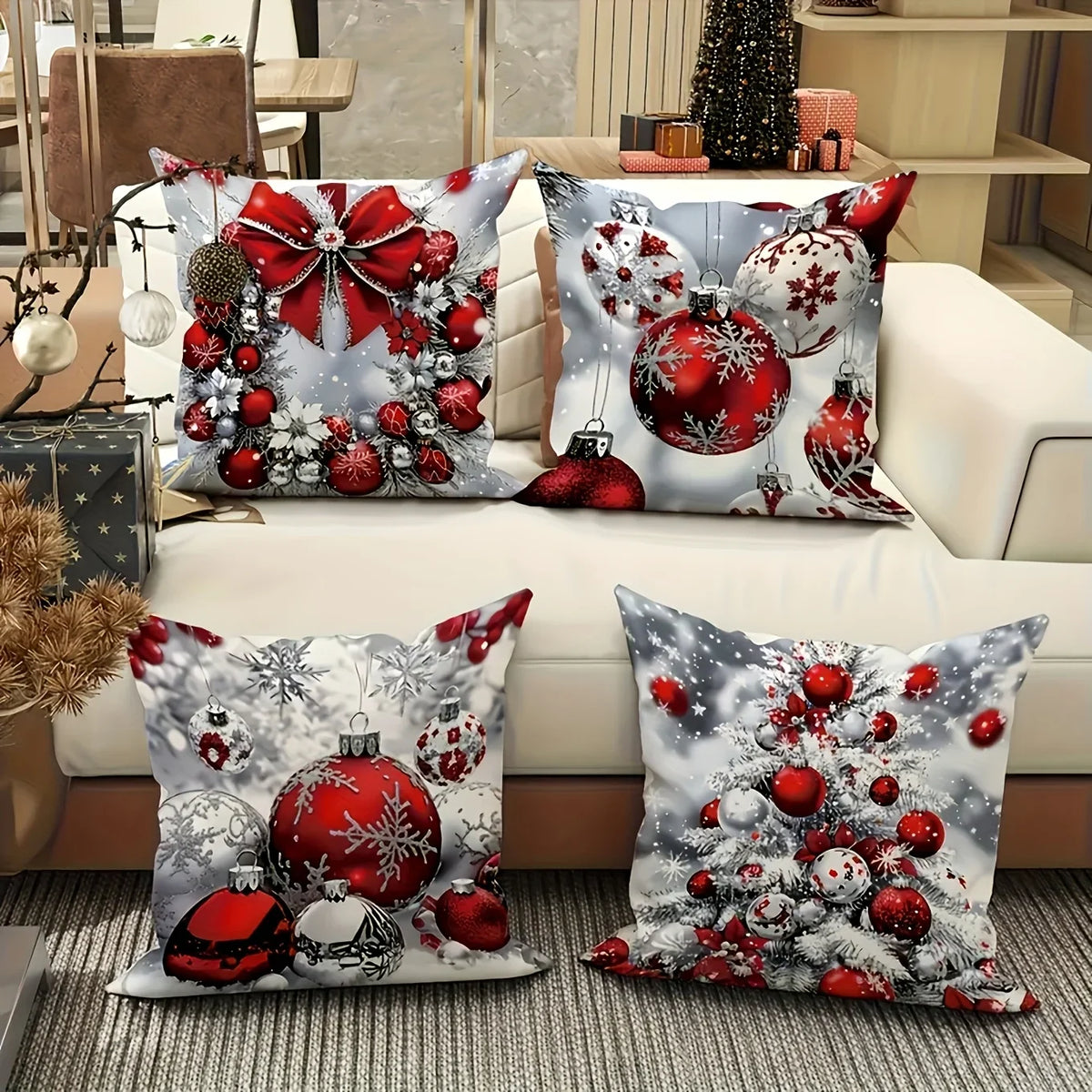 4 Pcs Christmas Pillow Covers Zippered Festive Polyester Set Decorative Pillow Covers Richie's