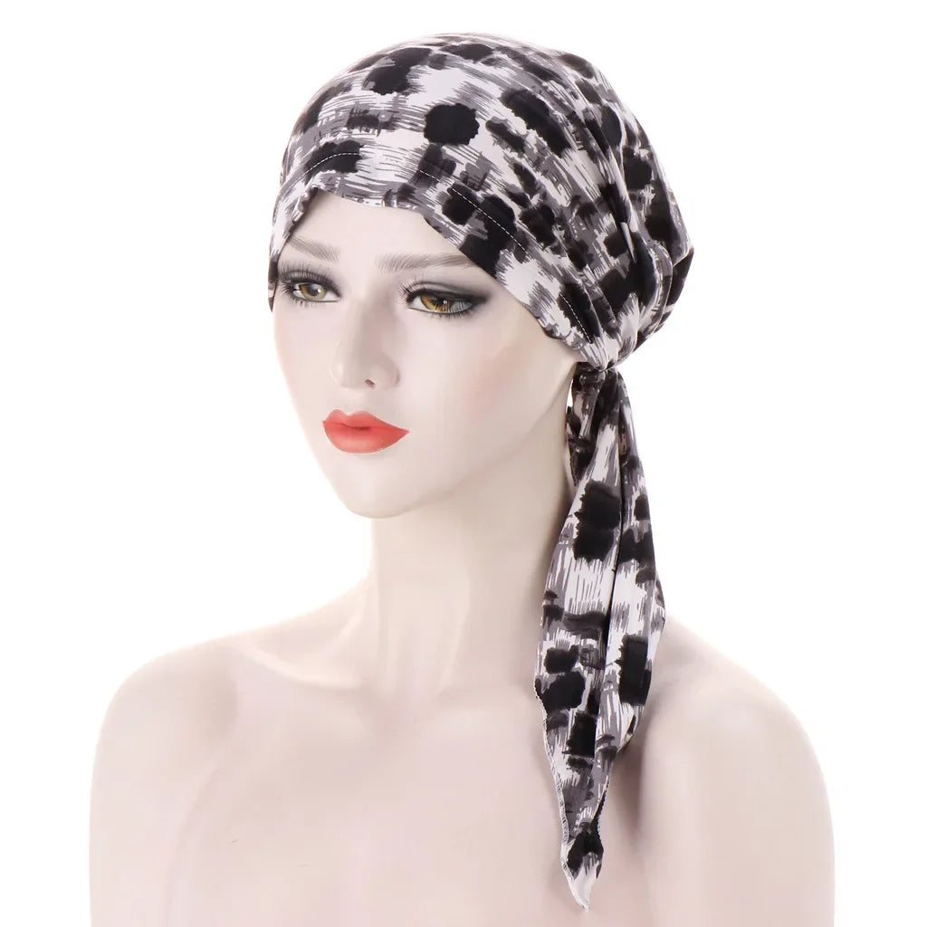 Women's Printed Pre-Tied Turban Cap Hijab Headscarf Bandana Turban Headscarf Cap Richie's Gray leopard print
