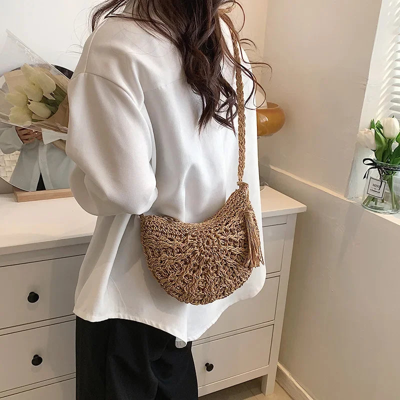 Handmade Straw Woven Semicircle Crossbody Bag | Boho Beach Bag Woven Crossbody Bag Richie's