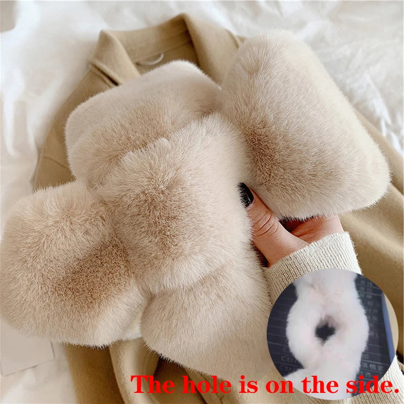 Women's Faux Rabbit Fur Cross Collar Scarf – Plush Wrap Faux Fur Scarf Richie's