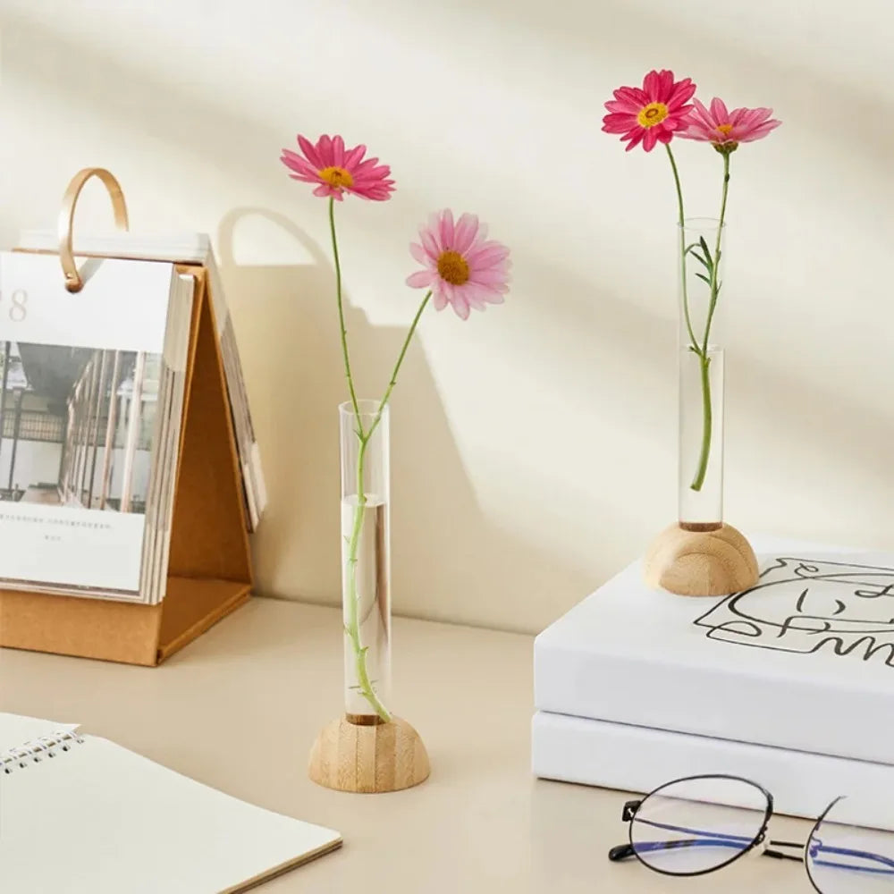 Hydroponic Test Tube Vase with Bamboo Base | Clear Tabletop Decor Hydroponic Flower Vase Richie's