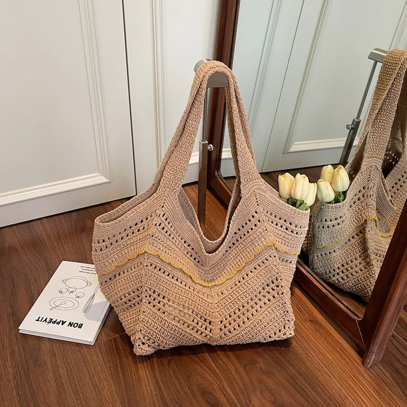 Crochet Tote Bag – Hollow Knit Women's Shoulder Handbag Crochet Tote Bag Richie's khaki yellow