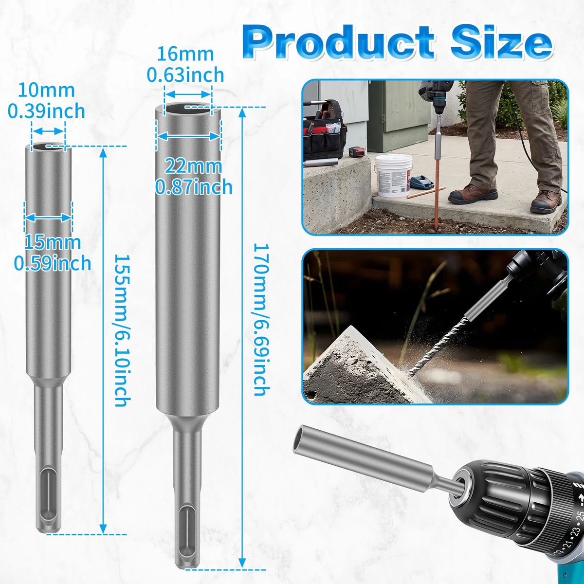 SDS Plus Ground Rod Driver Set 10mm 16mm Cr-V Steel – Toorise Ground Rod Driver Set Richie's 2pcs 16mm and 10mm