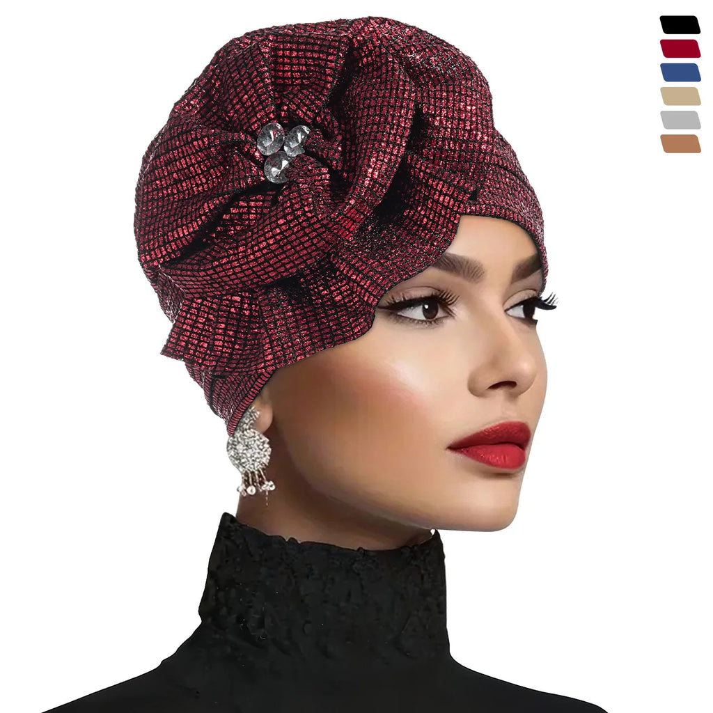 Women Glitter Turban Hat Rhinestone Flower Hijab Bonnet Cap Turban Hat Richie's