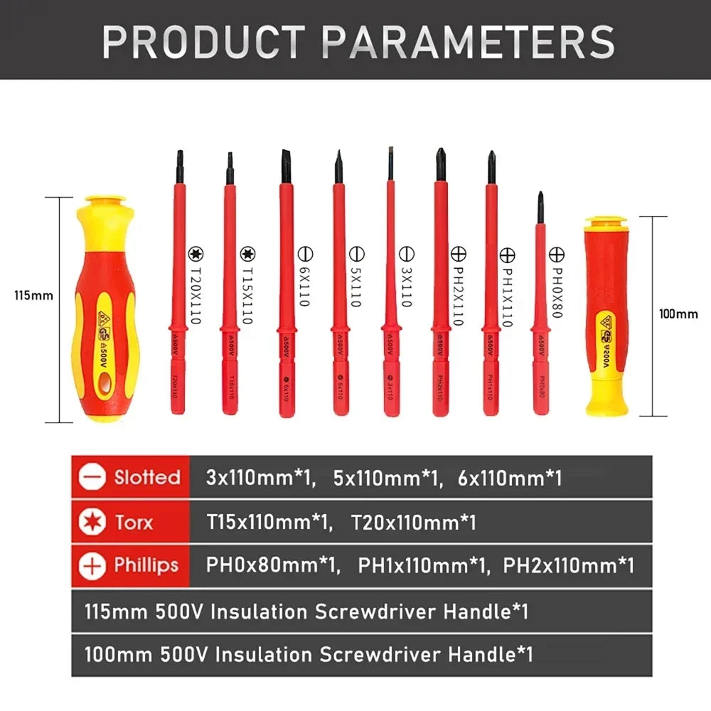 VDE Insulated Screwdriver Set 10Pcs 500V Magnetic Electrician Kit Insulated Screwdriver Set Richie's