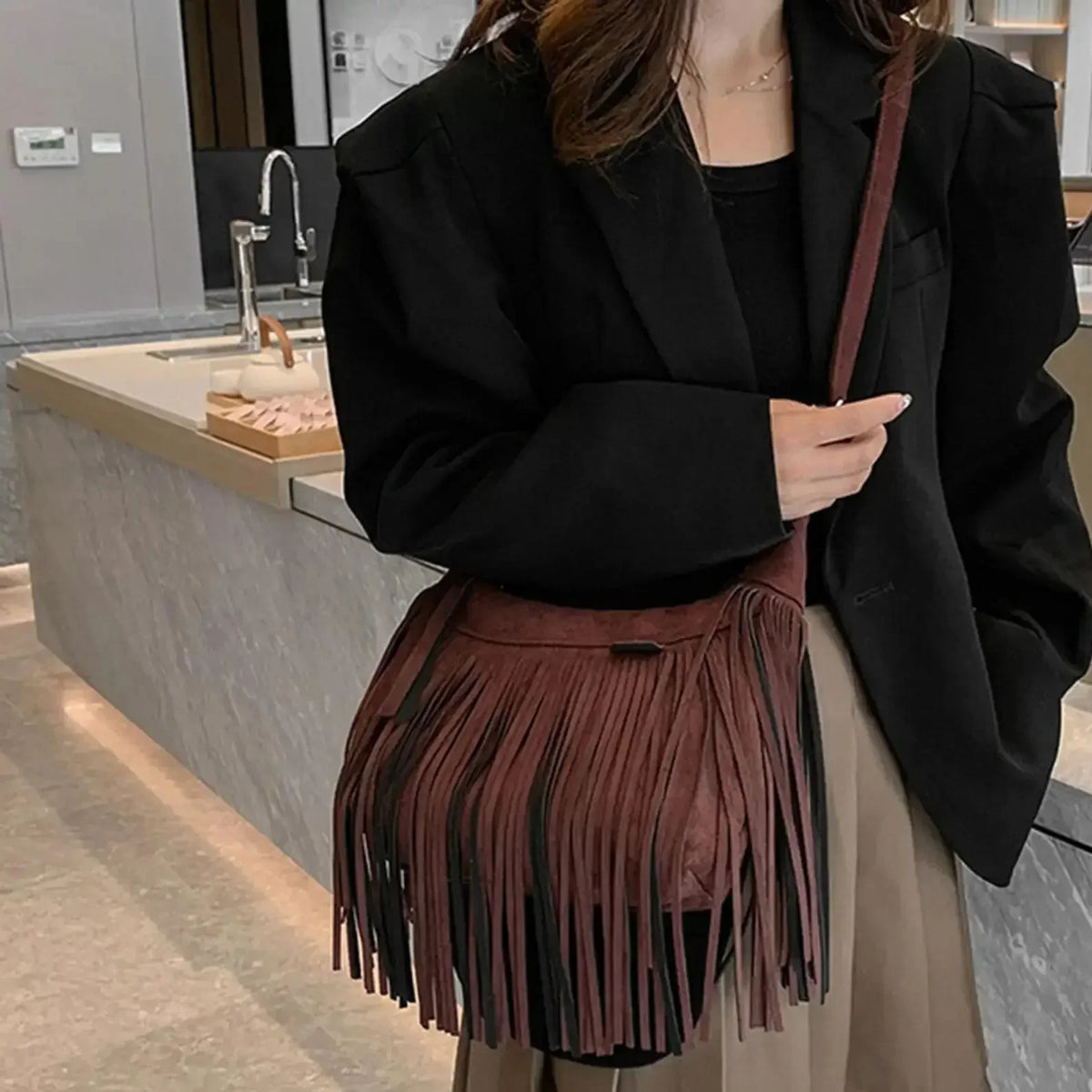 Large Retro Fringe Shoulder Bag – Ethnic Tassel Tote for Women Fringe Shoulder Bag Richie's