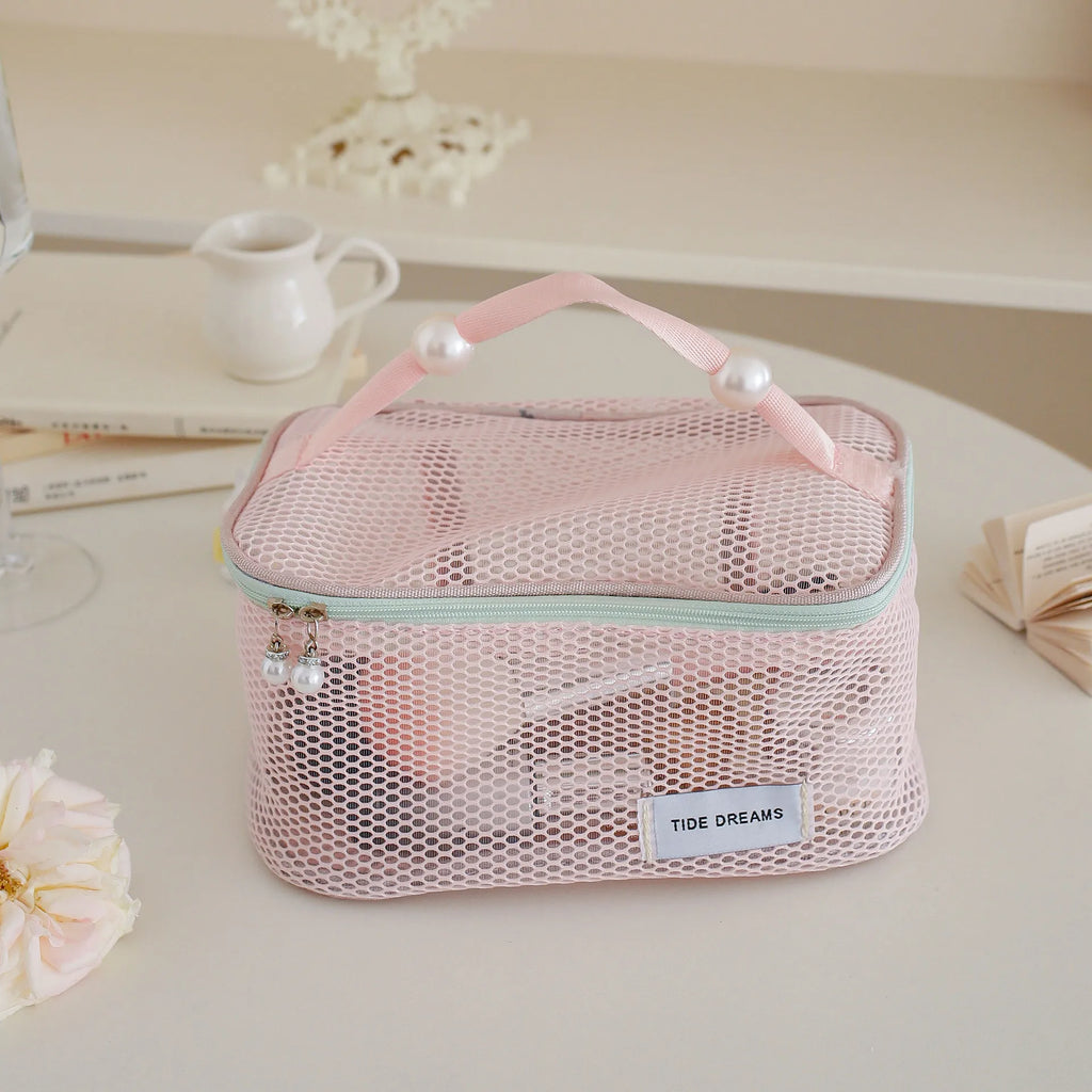 Mesh Cosmetic Bag Transparent Travel Makeup Organizer Pouch Cosmetic Organizer Bag Richie's L-pink